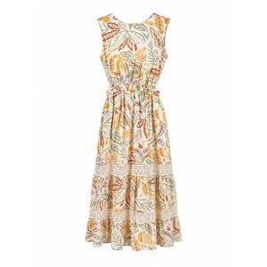 Jessica Simpson Women's Cream Leaf Print Maxi Dress Lace Tiered Skirt S Garden